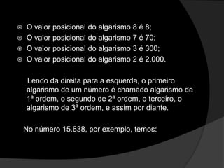 




O valor posicional do algarismo 8 é 8;
O valor posicional do algarismo 7 é 70;
O valor posicional do algarismo 3 é 300;
O valor posicional do algarismo 2 é 2.000.

Lendo da direita para a esquerda, o primeiro
algarismo de um número é chamado algarismo de
1ª ordem, o segundo de 2ª ordem, o terceiro, o
algarismo de 3ª ordem, e assim por diante.
No número 15.638, por exemplo, temos:

 