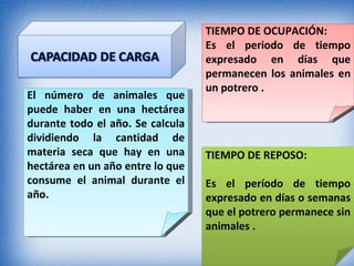 TIEMPO DE OCUPACIÓN:
                                  Es el periodo de tiempo
                                  expresado en días que
                                  permanecen los animales en
                                  un potrero .
El número de animales que
puede haber en una hectárea
durante todo el año. Se calcula
dividiendo la cantidad de
materia seca que hay en una       TIEMPO DE REPOSO:
hectárea en un año entre lo que
consume el animal durante el      Es el período de tiempo
año.                              expresado en días o semanas
                                  que el potrero permanece sin
                                  animales .
 