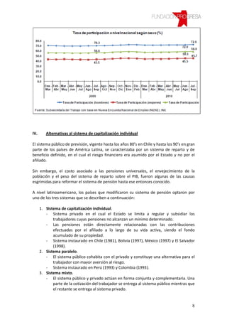 IV.      Alternativas al sistema de capitalización individual

El sistema público de previsión, vigente hasta los años 80’s en Chile y hasta los 90’s en gran
parte de los países de América Latina, se caracterizaba por un sistema de reparto y de
beneficio definido, en el cual el riesgo financiero era asumido por el Estado y no por el
afiliado.

Sin embargo, el costo asociado a las pensiones universales, el envejecimiento de la
población y el peso del sistema de reparto sobre el PIB, fueron algunas de las causas
esgrimidas para reformar el sistema de pensión hasta ese entonces conocido.

A nivel latinoamericano, los países que modificaron su sistema de pensión optaron por
uno de los tres sistemas que se describen a continuación:

      1. Sistema de capitalización individual.
         - Sistema privado en el cual el Estado se limita a regular y subsidiar los
             trabajadores cuyas pensiones no alcanzan un mínimo determinado.
         - Las pensiones están directamente relacionadas con las contribuciones
             efectuadas por el afiliado a lo largo de su vida activa, siendo el fondo
             acumulado de su propiedad.
         - Sistema instaurado en Chile (1981), Bolivia (1997), México (1997) y El Salvador
             (1998).
      2. Sistema paralelo.
         - El sistema público cohabita con el privado y constituye una alternativa para el
             trabajador con mayor aversión al riesgo.
         - Sistema instaurado en Perú (1993) y Colombia (1993).
      3. Sistema mixto.
         - El sistema público y privado actúan en forma conjunta y complementaria. Una
             parte de la cotización del trabajador se entrega al sistema público mientras que
             el restante se entrega al sistema privado.


                                                                                            8
 