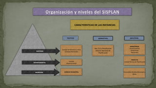 CARACTERISTICAS DE LAS INSTANCIAS
Consejo
Departamental
PREFECTO
Unidad Técnica de Planificación
Honorable Alcaldía Municipal y
Otros
CONSEJO MUNICIPAL
Min. D.S y Planificación
Director Nacional de
Planificación
MINISTERIOS
Viceministerios
Direcciones
Nacionales
Consejo de Ministros y otros
Consejos Nacionales
POLITICASPOLITICAS NORMATIVAS EJECUTIVAS
DEPARTAMENTAL
NACIONAL
MUNICIPAL
 