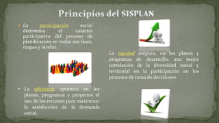  La participación social
determina el carácter
participativo del proceso de
planificación en todas sus fases,
etapas y niveles.
La equidad asegura, en los planes y
programas de desarrollo, una mejor
correlación de la diversidad social y
territorial en la participación en los
procesos de toma de decisiones.
• La eficiencia optimiza en los
planes, programas y proyectos el
uso de los recursos para maximizar
la satisfacción de la demanda
social.
 