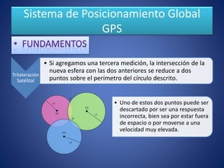 Sistema de Posicionamiento Global
GPS
Trilateración
Satélital
• Si agregamos una tercera medición, la intersección de la
nueva esfera con las dos anteriores se reduce a dos
puntos sobre el perímetro del círculo descrito.
• Uno de estos dos puntos puede ser
descartado por ser una respuesta
incorrecta, bien sea por estar fuera
de espacio o por moverse a una
velocidad muy elevada.
 