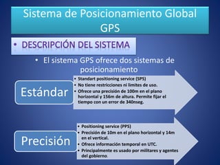Sistema de Posicionamiento Global
GPS
• El sistema GPS ofrece dos sistemas de
posicionamiento
• Standart positioning service (SPS)
• No tiene restricciones ni limites de uso.
• Ofrece una precisión de 100m en el plano
horizontal y 156m de altura. Permite fijar el
tiempo con un error de 340nseg.
Estándar
• Positioning service (PPS)
• Precisión de 10m en el plano horizontal y 14m
en el vertical.
• Ofrece información temporal en UTC.
• Principalmente es usado por militares y agentes
del gobierno.
Precisión
 