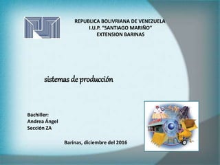 REPUBLICA BOLIVRIANA DE VENEZUELA
I.U.P. “SANTIAGO MARIÑO”
EXTENSION BARINAS
Bachiller:
Andrea Ángel
Sección ZA
Barinas, diciembre del 2016
sistemas de producción
 