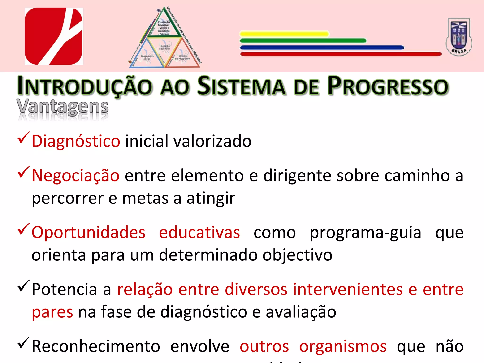 Diagnóstico  inicial valorizado Negociação  entre elemento e dirigente sobre caminho a percorrer e metas a atingir Oportunidades educativas  como programa-guia que orienta para um determinado objectivo Potencia a  relação entre diversos intervenientes e entre pares  na fase de diagnóstico e avaliação Reconhecimento envolve  outros organismos  que não apenas o agrupamento ou a unidade. 