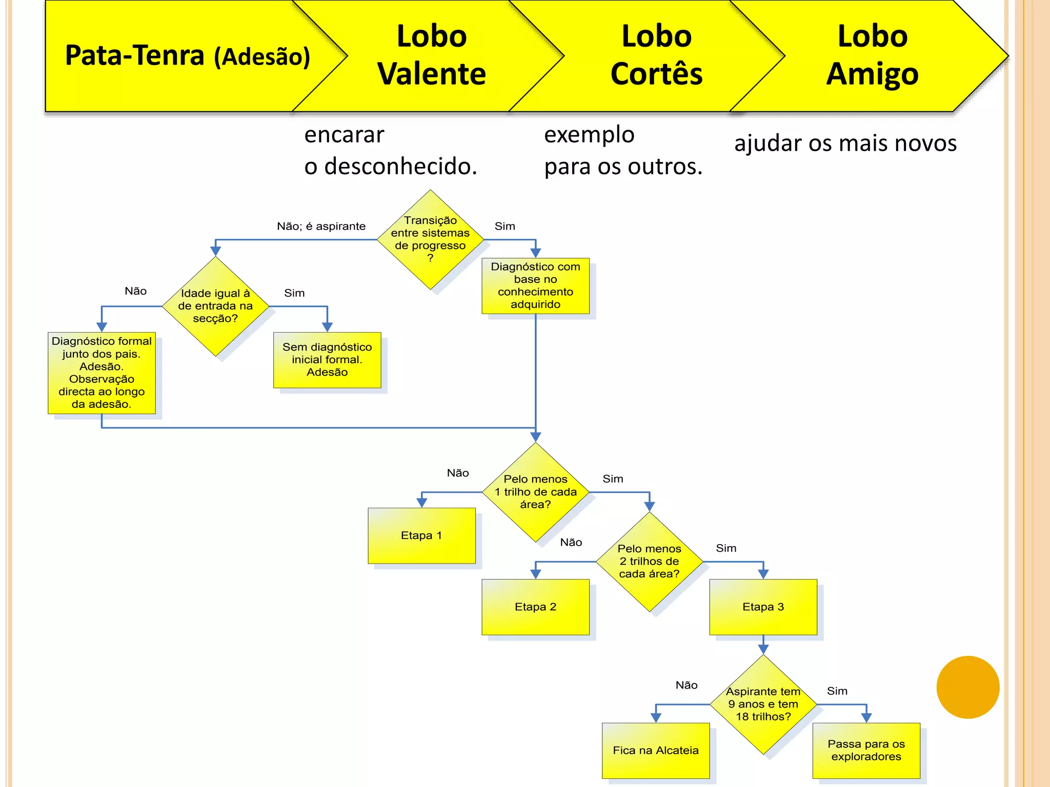 Transição
entre sistemas
de progresso
?
Diagnóstico com
base no
conhecimento
adquirido
SimNão; é aspirante
Idade igual à
de entrada na
secção?
Sem diagnóstico
inicial formal.
Adesão
Sim
Diagnóstico formal
junto dos pais.
Adesão.
Observação
directa ao longo
da adesão.
Não
Pelo menos
1 trilho de cada
área?
Sim
Não
Etapa 1
Pelo menos
2 trilhos de
cada área?
Não
Etapa 2 Etapa 3
Sim
Aspirante tem
9 anos e tem
18 trilhos?
Fica na Alcateia
Passa para os
exploradores
Sim
Não
Pata-Tenra (Adesão)
Lobo
Valente
Lobo
Cortês
Lobo
Amigo
encarar
o desconhecido.
exemplo
para os outros.
ajudar os mais novos
 
