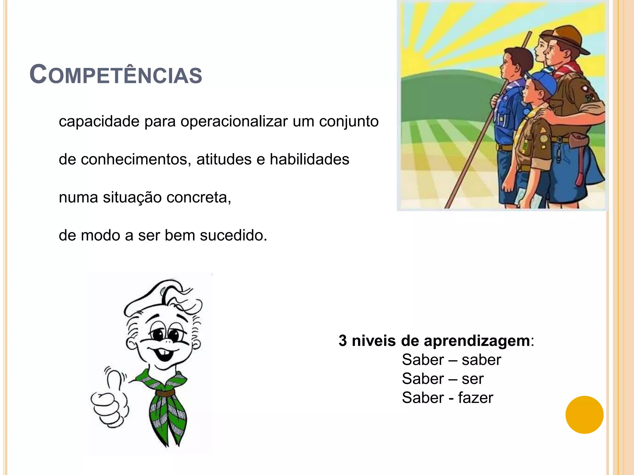 COMPETÊNCIAS
capacidade para operacionalizar um conjunto
de conhecimentos, atitudes e habilidades
numa situação concreta,
de modo a ser bem sucedido.
3 niveis de aprendizagem:
Saber – saber
Saber – ser
Saber - fazer
 