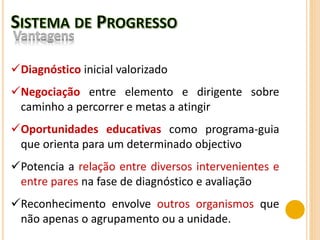 Diagnóstico inicial valorizado
Negociação entre elemento e dirigente sobre
caminho a percorrer e metas a atingir
Oportunidades educativas como programa-guia
que orienta para um determinado objectivo
Potencia a relação entre diversos intervenientes e
entre pares na fase de diagnóstico e avaliação
Reconhecimento envolve outros organismos que
não apenas o agrupamento ou a unidade.
 