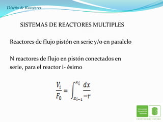 Diseño de Reactores  SISTEMAS DE REACTORES MULTIPLES Reactores de flujo pistón en serie y/o en paralelo N reactores de flujo en pistón conectados en serie, para el reactor i- èsimo 