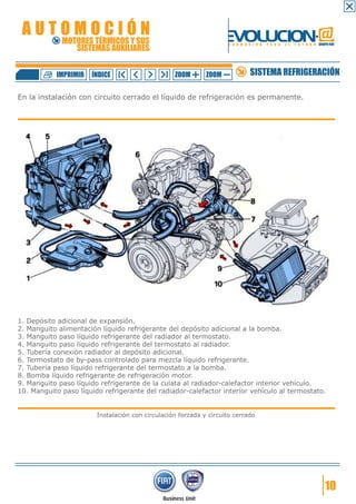 AUTOMOCIÓN                                                         EVOLUCION.@
             MOTORES TÉRMICOS Y SUS
                SISTEMAS AUXILIARES
                                                                     F O R M A C I Ó N   P A R A   E L   F U T U R O GRUPO FIAT




           IMPRIMIR   ÍNDICE                      ZOOM       ZOOM              SISTEMA REFRIGERACIÓN

En la instalación con circuito cerrado el líquido de refrigeración es permanente.




1. Depósito adicional de expansión.
2. Manguito alimentación líquido refrigerante del depósito adicional a la bomba.
3. Manguito paso líquido refrigerante del radiador al termostato.
4. Manguito paso líquido refrigerante del termostato al radiador.
5. Tubería conexión radiador al depósito adicional.
6. Termostato de by-pass controlado para mezcla líquido refrigerante.
7. Tubería paso líquido refrigerante del termostato a la bomba.
8. Bomba líquido refrigerante de refrigeración motor.
9. Manguito paso líquido refrigerante de la culata al radiador-calefactor interior vehículo.
10. Manguito paso líquido refrigerante del radiador-calefactor interior vehículo al termostato.


                        Instalación con circulación forzada y circuito cerrado




                                                                                                                         10
 