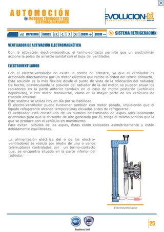 AUTOMOCIÓN                                               EVOLUCION.@
            MOTORES TÉRMICOS Y SUS
               SISTEMAS AUXILIARES
                                                          F O R M A C I Ó N   P A R A   E L   F U T U R O GRUPO FIAT




          IMPRIMIR   ÍNDICE                ZOOM    ZOOM             SISTEMA REFRIGERACIÓN

VENTILADOR DE ACTIVACIÓN ELECTROMAGNÉTICA
Con la activación electromagnética, el termo-contacto permite que un electroimán
accione la polea de arrastre solidal con el buje del ventilador.

ELECTROVENTILADOR
Con el electro-ventilador no existe la correa de arrastre, ya que el ventilador es
accionado directamente por un motor eléctrico que recibe la orden del termo-contacto.
Esta solución es la más flexible desde el punto de vista de la colocación del radiador.
De hecho, desvinculando la posición del radiador de la del motor, se pueden situar los
radiadores en la parte anterior también en el caso de motor posterior (vehículos
deportivos), o con motor transversal, como en la mayor parte de los vehículos de
tracción anterior.
Este sistema se utiliza hoy en día por su fiabilidad.
El electro-ventilador puede funcionar también con motor parado, impidiendo que el
liquido refrigerante alcance temperaturas elevadas antes de refrigerarse.
El ventilador está constituido de un número determinado de aspas adecuadamente
orientadas para que la corriente de aire generada por él, tenga el mismo sentido que la
que se produce con el vehículo en movimiento.
Para evitar silbidos de las aspas, éstas están colocadas asimétricamente y están
debidamente equilibradas.


La alimentación eléctrica del o de los electro-
ventiladores se realiza por medio de uno o varios
telerruptores controlados por un termo-contacto
que, se encuentra situado en la parte inferior del
radiador.




                                                                   Electroventilador




                                                                                                              25
 