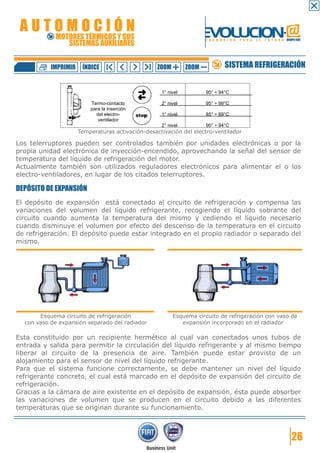AUTOMOCIÓN                                                           EVOLUCION.@
            MOTORES TÉRMICOS Y SUS
               SISTEMAS AUXILIARES
                                                                      F O R M A C I Ó N   P A R A   E L   F U T U R O GRUPO FIAT




           IMPRIMIR    ÍNDICE                      ZOOM        ZOOM             SISTEMA REFRIGERACIÓN


                                                    1° nivel          90° ÷ 94°C

                          Termo-contacto            2° nivel          95° ÷ 99°C
                          para la inserción
                            del electro-            1° nivel          85° ÷ 89°C
                             ventilador
                                                    2° nivel          90° ÷ 94°C
                      Temperaturas activación-desactivación del electro-ventilador

Los telerruptores pueden ser controlados también por unidades electrónicas o por la
propia unidad electrónica de inyección-encendido, aprovechando la señal del sensor de
temperatura del líquido de refrigeración del motor.
Actualmente también son utilizados reguladores electrónicos para alimentar el o los
electro-ventiladores, en lugar de los citados telerruptores.

DEPÓSITO DE EXPANSIÓN
El depósito de expansión está conectado al circuito de refrigeración y compensa las
variaciones del volumen del líquido refrigerante, recogiendo el líquido sobrante del
circuito cuando aumenta la temperatura del mismo y cediendo el líquido necesario
cuando disminuye el volumen por efecto del descenso de la temperatura en el circuito
de refrigeración. El depósito puede estar integrado en el propio radiador o separado del
mismo.




       Esquema circuito de refrigeración                  Esquema circuito de refrigeración con vaso de
  con vaso de expansión separado del radiador                expansión incorporado en el radiador

Esta constituido por un recipiente hermético al cual van conectados unos tubos de
entrada y salida para permitir la circulación del líquido refrigerante y al mismo tiempo
liberar al circuito de la presencia de aire. También puede estar provisto de un
alojamiento para el sensor de nivel del líquido refrigerante.
Para que el sistema funcione correctamente, se debe mantener un nivel del líquido
refrigerante concreto, el cual está marcado en el depósito de expansión del circuito de
refrigeración.
Gracias a la cámara de aire existente en el depósito de expansión, ésta puede absorber
las variaciones de volumen que se producen en el circuito debido a las diferentes
temperaturas que se originan durante su funcionamiento.



                                                                                                                          26
 
