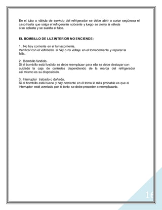 16
En el tubo o válvula de servicio del refrigerador se debe abrir o cortar segúnsea el
caso hasta que salga el refrigerante sobrante y luego se cierra la válvula
o se aplasta y se suelda el tubo.
EL BOMBILLO DE LUZ INTERIOR NO ENCIENDE:
1. No hay corriente en el tomacorriente.
Verificar con el voltímetro si hay o no voltaje en el tomacorriente y reparar la
falla.
2. Bombillo fundido.
Si el bombillo está fundido se debe reemplazar para ello se debe destapar con
cuidado la caja de controles dependiendo de la marca del refrigerador
así mismo es su disposición.
3. Interruptor trabado o dañado.
Si el bombillo está bueno y hay corriente en él toma lo más probable es que el
interruptor esté averiado por lo tanto se debe proceder a reemplazarlo.
 