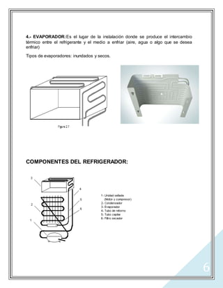 6
4.- EVAPORADOR:Es el lugar de la instalación donde se produce el intercambio
térmico entre el refrigerante y el medio a enfriar (aire, agua o algo que se desea
enfriar)
Tipos de evaporadores: inundados y secos.
COMPONENTES DEL REFRIGERADOR:
 