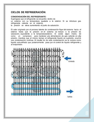 8
CICLOS DE REFRIGERACIÓN:
CONDENSACIÓN DEL REFRIGERANTE:
Supóngase que el refrigerante se encuentra dentro de
un sistema con su temperatura igualada a la exterior. Si se introduce gas
refrigerante caliente en el sistema,
la presión se eleva aumentando el punto de saturación.
El calor originado por el proceso latente de condensación fluye del sistema hacia el
exterior hasta que la presión en el sistema se reduce a la presión de
saturación, equivalente a la temperaturaexterior. Si existe algún medio, tal
como un compresor, para mantener una alimentación de gas caliente en alta
presión, mientras que al mismo tiempo el refrigerante líquido es sustraído, ocurrirá
una condensación continua. Al resulta do de esta condensación se le conoce como
liquido sub-enfriado que posteriormente pasa por el control de líquido refrigerante y
al evaporador.
 