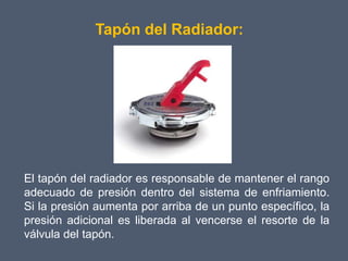 Tapón del Radiador:




El tapón del radiador es responsable de mantener el rango
adecuado de presión dentro del sistema de enfriamiento.
Si la presión aumenta por arriba de un punto específico, la
presión adicional es liberada al vencerse el resorte de la
válvula del tapón.
 