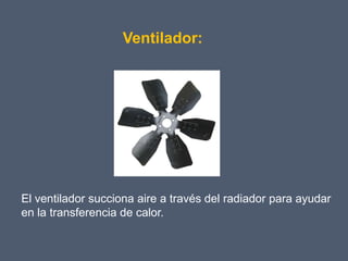 Ventilador:




El ventilador succiona aire a través del radiador para ayudar
en la transferencia de calor.
 