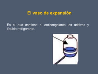 El vaso de expansión

Es el que contiene el anticongelante los aditivos y
líquido refrigerante.
 
