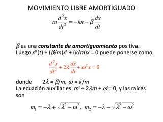 β es una constante de amortiguamiento positiva.
Luego x”(t) + (β/m)x’ + (k/m)x = 0 puede ponerse como
donde 2λ = β/m, ω2
= k/m
La ecuación auxiliar es m2
+ 2λm + ω2
= 0, y las raíces
son
MOVIMIENTO LIBRE AMORTIGUADO
dt
dx
kx
dt
xd
m β−−=2
2
02 2
2
2
=++ x
dt
dx
dt
xd
ωλ
22
2
22
1 , ωλλωλλ −−−=−+−= mm
 
