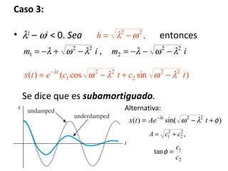 • λ2
– ω2
< 0. Sea entonces
Se dice que es subamortiguado.
Caso 3:
,22
ωλ −=h
imim 22
2
22
1 , λωλλωλ −−−=−+−=
)sincos()( 22
2
22
1 tctcetx t
λωλωλ
−+−= −
Alternativa:
)sin()( 22
φλωλ
+−= −
tAetx t
,2
2
2
1 ccA +=
2
1
tan
c
c
=φ
 