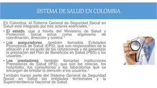SISTEMA DE SALUD EN COLOMBIA
En Colombia, el Sistema General de Seguridad Social en
Salud está integrado por tres actores esenciales.1
• El estado, que a través del Ministerio de Salud y
Protección Social actúa como organismo de
coordinación, dirección y control.1
• Los aseguradores, también llamados Entidades
Promotoras de Salud (EPS), que son responsables de la
afiliación y el recaudo de las cotizaciones y de garantizar
la prestación del Plan de Beneficios en Salud (PBS) a los
usuarios.1
• Los prestadores, también llamados Instituciones
Prestadoras de Salud (IPS), que son las clínicas, los
hospitales, los consultorios y los laboratorios que se
encargan de brindar la atención a los usuarios.1
También hacen parte del Sistema General de Seguridad
Social en Salud las entidades territoriales y la
Superintendencia Nacional de Salud.
 