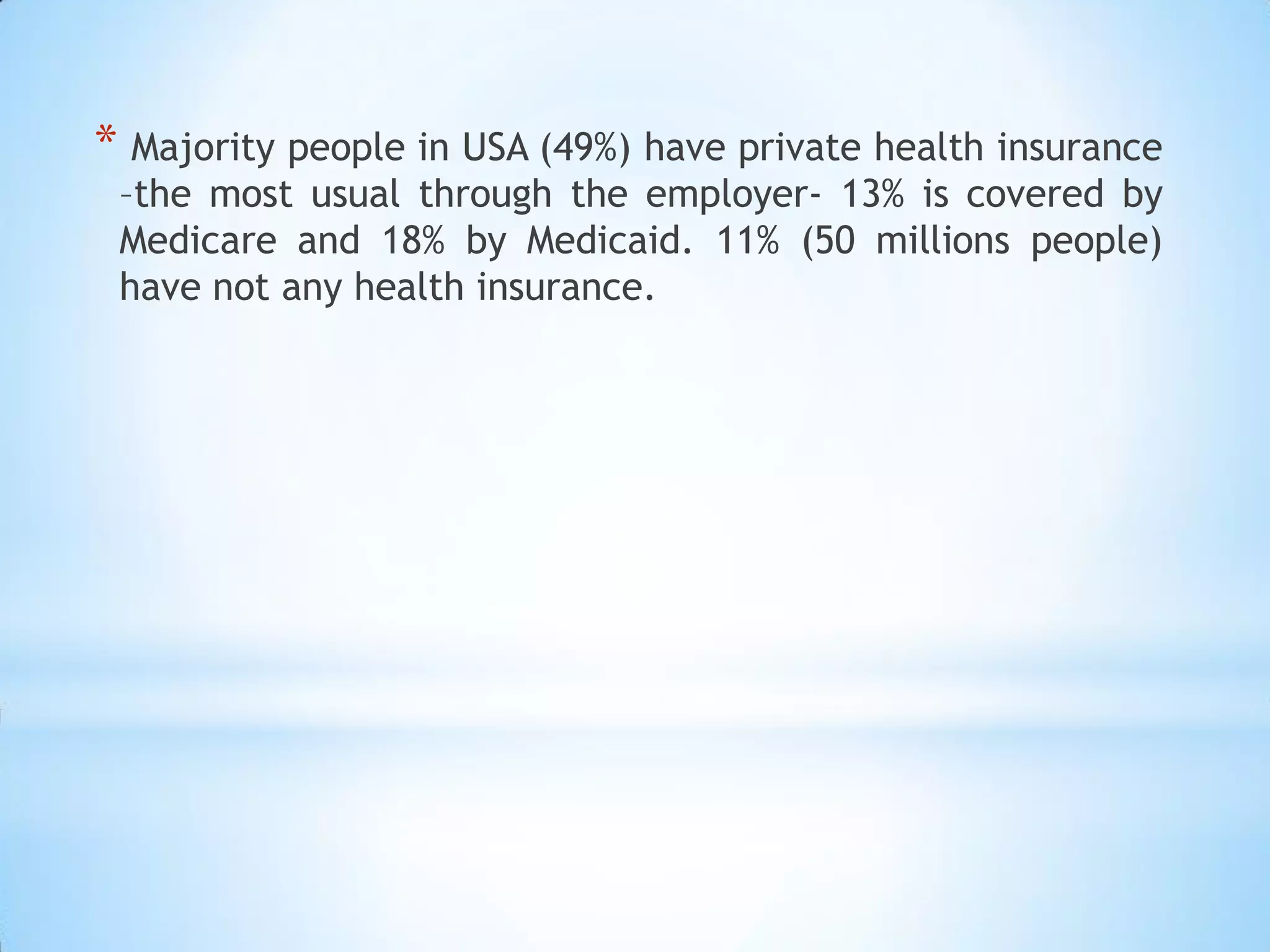 * Majority people in USA (49%) have private health insurance
–the most usual through the employer- 13% is covered by
Medicare and 18% by Medicaid. 11% (50 millions people)
have not any health insurance.