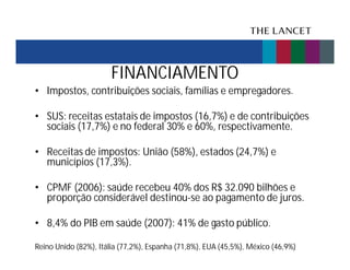 FINANCIAMENTO
• Impostos, contribuições sociais, famílias e empregadores.
• SUS: receitas estatais de impostos (16,7%) e de contribuições
sociais (17,7%) e no federal 30% e 60%, respectivamente.
• Receitas de impostos: União (58%), estados (24,7%) e
municípios (17,3%).
• CPMF (2006): saúde recebeu 40% dos R$ 32.090 bilhões e
proporção considerável destinou-se ao pagamento de juros.
• 8,4% do PIB em saúde (2007): 41% de gasto público.
Reino Unido (82%), Itália (77,2%), Espanha (71,8%), EUA (45,5%), México (46,9%)

 