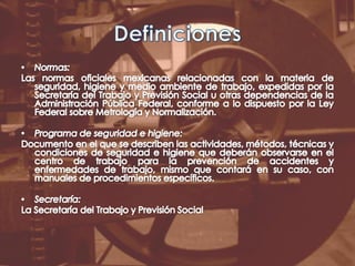 DefinicionesNormas:Las normas oficiales mexicanas relacionadas con la materia de seguridad, higiene y medio ambiente de trabajo, expedidas por la Secretaría del Trabajo y Previsión Social u otras dependencias de la Administración Pública Federal, conforme a lo dispuesto por la Ley Federal sobre Metrología y Normalización.Programa de seguridad e higiene:Documento en el que se describen las actividades, métodos, técnicas y condiciones de seguridad e higiene que deberán observarse en el centro de trabajo para la prevención de accidentes y enfermedades de trabajo, mismo que contará en su caso, con manuales de procedimientos específicos.Secretaría:La Secretaría del Trabajo y Previsión Social