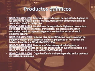 Productos químicosNOM-005-STPS-1998. Relativa a las condiciones de seguridad e higiene en los centros de trabajo para el manejo, transporte y almacenamiento de sustancias químicas peligrosas.NOM-010-STPS-1999. Condiciones de seguridad e higiene en los centros de trabajo donde se manejen, transporten, procesen o almacenen sustancias químicas capaces de generar contaminación en el medio ambiente laboral.NOM-018-STPS-2000 . Sistema para la identificación y comunicación de peligros y riesgos por sustancias químicas peligrosas en los centros de trabajo. (cancela a la NOM-114-STPS-1994)NOM-026-STPS-1998. Colores y señales de seguridad e higiene, e identificación de riesgos por fluidos conducidos en tuberias.(cancela a la NOM-027-STPS-1993 y a la NOM-028-STPS-1993)NOM-028-STPS-2004.  Organización del trabajo-Seguridad en los procesos de sustancias químicas.