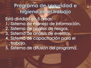 Programa de seguridad e higiene en el trabajoEstá dividido en 5 áreas:Sistema de manejo de información.Sistema de análisis de riesgos.Sistema de análisis de eventos.Sistema de capacitación para el trabajo.Sistema de difusión del programa.