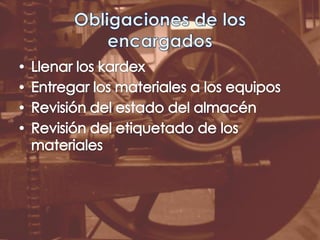 Obligaciones de los encargadosLlenar los kardexEntregar los materiales a los equiposRevisión del estado del almacénRevisión del etiquetado de los materiales