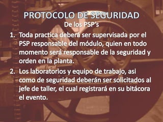 PROTOCOLO DE SEGURIDADDe los PSP’sToda practica deberá ser supervisada por el PSP responsable del módulo, quien en todo momento será responsable de la seguridad y orden en la planta.Los laboratorios y equipo de trabajo, asi como de seguridad deberán ser solicitados al jefe de taller, el cual registrará en su bitácora el evento.