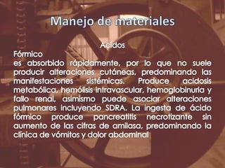 Manejo de materialesAcidosFórmicoes absorbido rápidamente, por lo que no suele producir alteraciones cutáneas, predominando las manifestaciones sistémicas. Produce acidosis metabólica, hemólisis intravascular, hemoglobinuria y fallo renal, asimismo puede asociar alteraciones pulmonares incluyendo SDRA. La ingesta de ácido fórmico produce pancreatitis necrotizante sin aumento de las cifras de amilasa, predominando la clínica de vómitos y dolor abdominal