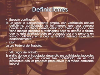 DefinicionesEspacio confinado:Es un lugar lo suficientemente amplio, con ventilación natural deficiente, configurado de tal manera que una persona puede en su interior desempeñar una tarea asignada, que tiene medios limitados o restringidos para su acceso o salida, que no está diseñado para ser ocupado por una persona en forma continua y en el cual se realizan trabajos específicos ocasionalmente;Ley: La Ley Federal del Trabajo.VIII. Lugar de trabajo: Es el sitio donde el trabajador desarrolla sus actividades laborales específicas para las cuales fue contratado, en el cual interactúa con los procesos productivos y el medio ambiente laboral