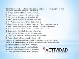 * Teniendo en cuenta la información dada en la solución, decir, cual(es) de la(s)
    siguiente(s) premisa(s) es (son) verdaderas.
*   Si A1 está en rojo entonces B esta en verde.
*   Si A esta en rojo entonces C están en verde.
*   Si D esta en verde entonces hay trafico por F.
*   Si A esta en verde entonces no hay trafico por F.
*   Si A1y A están en verde entonces B esta en rojo.
*   Si B esta en verde entonces A esta en verde y F está habilitada para B.
*   Si B esta en verde entonces A1 está en rojo y F no está habilitada.
*   Si F está habilitada y A esta en rojo Entonces C esta en verde.
*   Si E esta en movimiento Entonces A esta en rojo.
*   Si D esta en verde entonces E esta en movimiento.
*   Si C esta rojo entonces A esta en verde y B esta verde.
*   Si F esta inhabilitada entonces D esta en verde.
*   La calle 16 está habilitada y A1 está en rojo entonces B esta en verde.
*   La calle 16 está habilitada y C esta en verde entonces F está habilitada.
*   B esta en verde si y solo si A esta en Rojo.
*   A esta en verde entonces F está habilitada.
*
*
    A1 está en verde entonces F está habilitada.
    Si D esta en verde entonces A esta en verde.      *
 