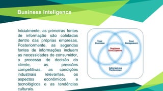Business Inteligence
Inicialmente, as primeiras fontes
de informação são coletadas
dentro das próprias empresas.
Posteriormente, as segundas
fontes de informações incluem
as necessidades do consumidor,
o processo de decisão do
cliente, as pressões
competitivas, as condições
industriais relevantes, os
aspectos econômicos e
tecnológicos e as tendências
culturais.
 