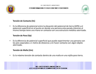 Tensión de Contacto (Vc) 
• Es la diferencia de potencial entre la elevación del potencial de tierra (GPR) y el 
potencial superficial en el punto en donde una persona esta parada mientras al 
mismo tiempo tiene una mano en contacto con una estructura metálica aterrizada. 
Tensión de Paso (Vp) 
• Es la diferencia de potencial superficial que puede experimentar una persona con p p q p p p
los pies separados a 1 metro de distancia y sin hacer contacto con algún objeto 
aterrizado. 
Tensión de Malla (Vm) ( )
• Es la máxima tensión de contacto dentro de una malla en una rejilla para tierra. 
 