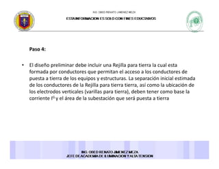Paso 4: 
• El diseño preliminar debe incluir una Rejilla para tierra la cual esta 
formada por conductores que permitan el acceso a los conductores de p q p
puesta a tierra de los equipos y estructuras. La separación inicial estimada 
de los conductores de la Rejilla para tierra tierra, así como la ubicación de 
los electrodos verticales (varillas para tierra), deben tener como base la 
corriente IG y el área de la subestación que será puesta a tierra 
 