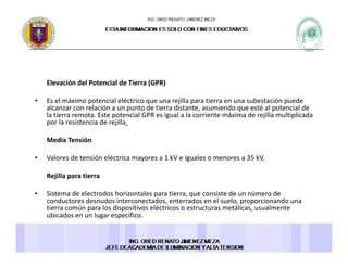 Elevación del Potencial de Tierra (GPR)Elevación del Potencial de Tierra (GPR) 
• Es el máximo potencial eléctrico que una rejilla para tierra en una subestación puede 
alcanzar con relación a un punto de tierra distante, asumiendo que esté al potencial de 
la tierra remota. Este potencial GPR es igual a la corriente máxima de rejilla multiplicadala tierra remota. Este potencial GPR es igual a la corriente máxima de rejilla multiplicada 
por la resistencia de rejilla. 
Media Tensión 
• Valores de tensión eléctrica mayores a 1 kV e iguales o menores a 35 kV. 
Rejilla para tierra 
• Sistema de electrodos horizontales para tierra, que consiste de un número de 
conductores desnudos interconectados, enterrados en el suelo, proporcionando una 
tierra común para los dispositivos eléctricos o estructuras metálicas, usualmente 
ubicados en un lugar específico. g p
 
