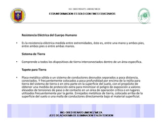 Resistencia Eléctrica del Cuerpo Humano 
• Es la resistencia eléctrica medida entre extremidades, ésto es, entre una mano y ambos pies, 
entre ambos pies o entre ambas manos. 
Sistema de TierraSistema de Tierra 
• Comprende a todos los dispositivos de tierra interconectados dentro de un área específica. 
Tapete para TierraTapete para Tierra 
• Placa metálica sólida o un sistema de conductores desnudos separados a poca distancia, 
conectados. Y frecuentemente colocados a poca profundidad por encima de la rejilla para 
tierra del sistema de tierra o en otra parte en la superficie del suelo, con el propósito de 
bt did d t ió t i i i l li d i ió lobtener una medida de protección extra para minimizar el peligro de exposición a valores 
elevados de tensiones de paso o de contacto en un área de operación crítica o en lugares 
utilizados frecuentemente por la gente. Enrejados metálicos de tierra, colocado arriba de la 
superficie del suelo o una malla de conductores directamente bajo el material superficial. 
 