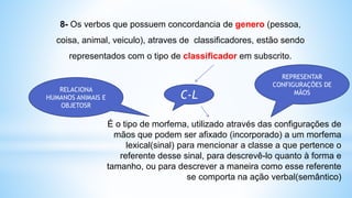 8- Os verbos que possuem concordancia de genero (pessoa,
coisa, animal, veiculo), atraves de classificadores, estão sendo
representados com o tipo de classificador em subscrito.
É o tipo de morfema, utilizado através das configurações de
mãos que podem ser afixado (incorporado) a um morfema
lexical(sinal) para mencionar a classe a que pertence o
referente desse sinal, para descrevê-lo quanto à forma e
tamanho, ou para descrever a maneira como esse referente
se comporta na ação verbal(semântico)
RELACIONA
HUMANOS ANIMAIS E
OBJETOSR
REPRESENTAR
CONFIGURAÇÕES DE
MÃOS
C-L
 