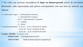 9- Os verbos que possuem concordância de lugar ou número-pessoal, através do movimento
direcionado, estão representados pela palavra correspondente com uma letra em subscrito que
indicará:
a- a variável para o lugar: j = ponto próximo à 2a pessoa,
i = ponto próximo à 1a pessoa,
K e k' = pontos próximos à 3a pessoas,
e = esquerda,
d = direita;
b- as pessoas gramaticais: 1s, 2s, 3s = 1a, 2a e 3a pessoas do singular;
1d, 2d, 3d = 1a, 2a e 3a pessoas do dual;
1p, 2p, 3p = 1a, 2a e 3a pessoas do plural;
Exemplos: 1sDAR2s "eu dou para você",
2sPERGUNTAR3 "você pergunta para eles/elas",
kdANDARk'e "andar da direita (d) para à esquerda (e)".
 