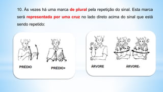 10. Às vezes há uma marca de plural pela repetição do sinal. Esta marca
será representada por uma cruz no lado direto acima do sinal que está
sendo repetido:
 