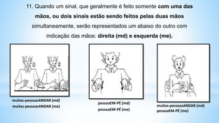 *
11. Quando um sinal, que geralmente é feito somente com uma das
mãos, ou dois sinais estão sendo feitos pelas duas mãos
simultaneamente, serão representados um abaixo do outro com
indicação das mãos: direita (md) e esquerda (me).
muitas-pessoasANDAR (md)
muitas-pessoasANDAR (me)
pessoaEM-PÉ (md)
pessoaEM-PÉ (me)
muitas-pessoasANDAR (md)
pessoaEM-PÉ (me)
 