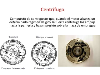 Centrífugo
Compuesto de contrapesos que, cuando el motor alcanza un
determinado régimen de giro, la fuerza centrífuga los empuja
hacia la periferia y hagan presión sobre la maza de embrague
 