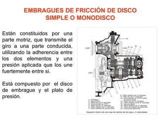 EMBRAGUES DE FRICCIÓN DE DISCO
              SIMPLE O MONODISCO

Están constituidos por una
parte motriz, que transmite el
giro a una parte conducida,
utilizando la adherencia entre
los dos elementos y una
presión aplicada que los une
fuertemente entre si.

Está compuesto por el disco
de embrague y el plato de
presión.
 