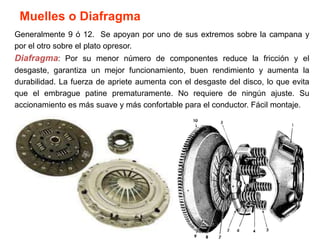Muelles o Diafragma
Generalmente 9 ó 12. Se apoyan por uno de sus extremos sobre la campana y
por el otro sobre el plato opresor.
Diafragma: Por su menor número de componentes reduce la fricción y el
desgaste, garantiza un mejor funcionamiento, buen rendimiento y aumenta la
durabilidad. La fuerza de apriete aumenta con el desgaste del disco, lo que evita
que el embrague patine prematuramente. No requiere de ningún ajuste. Su
accionamiento es más suave y más confortable para el conductor. Fácil montaje.
 