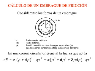 CÁLCULO DE UN EMBRAGUE DE FRICCIÓN

        Considérense los forros de un embrague.
                                          


                                                                  d   


                                       

                                        r



                                                        R


                                         
        r:    Radio interior del forro
        R:    Radio exterior.
        p:    Presión ejercida sobre el disco por los muelles (se
              puede suponer constante en toda la superficie del forro)

  En una corona circular diferencial la fuerza que actúa
dF =  (  + d  ) -            =  (  + d  + 2  d  ) - 
                   2          2                               2               2   2
 
