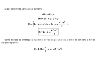 E l par transm itido por una cara del forro:

                                                  dM 1 = dR  

                                            dM 1 = 2   p  m   d 
                                                                           2

                                   R                                                  3       3
                                                                                    R -r
                              M 1 =  2  p  m   d  = 2  p  m
                                                       2
                                                                                                  
                                    r                                                     3
                                                                       3        3
                                                                     R -r
                                             M 1 = 2  p  m
                                                                           3


   C om o el disco de em brague actúa sobre el v olante por una cara y sobre la cam pana a trav és
del plato opresor:

                                                           4
                                                                  p  m (R
                                                                                3     3
                                        M = 2  M1 =                                -r )
                                                       3
 