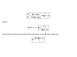 F         tg  - tg 
                                      =                     = tg(  -  )
                                 F1       1 + tg   tg 


C om o:

                                                               F r
                                  M = F1  r         M =
                                                            tg(  -  )


D e donde la fuerza de em puje F para transm itir un par M v iene dada por:

                                                 M  tg(  -  )
                                           F =
                                                       r
 